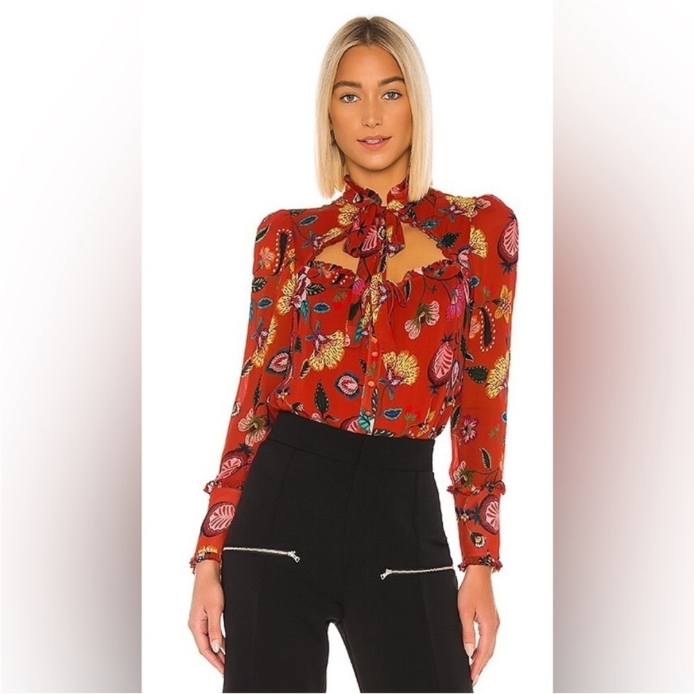 Alexis - Eloise Red Colorful Floral Open Neck Lined Tie Long Sleeve Blouse Small